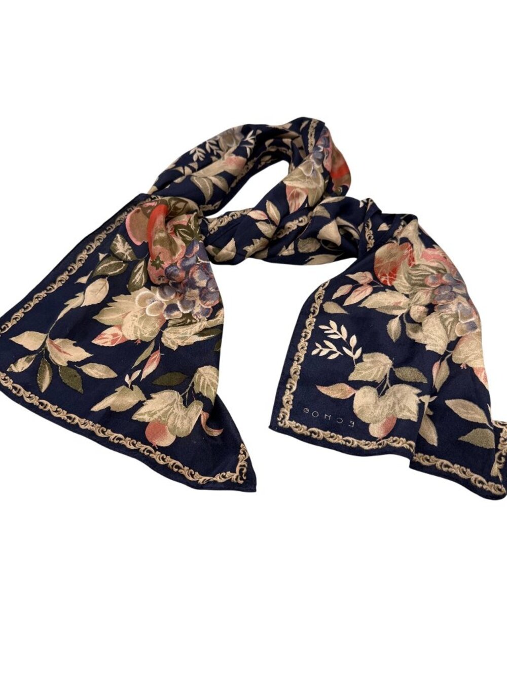 ECHO Women's Wrap Scarf Navy Blue Floral Fruits Apple Grape
